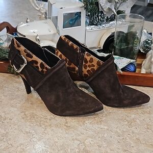 Leopard Trim Brown Ankle Boots